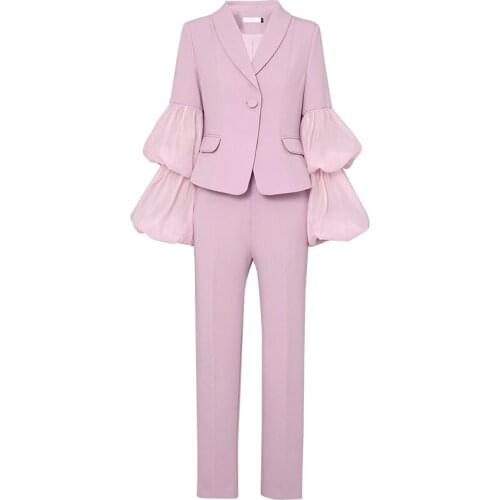 2019 Sexy Fashion Pant Suits Set Long Puff Sleeve Mesh Spliced Top Women 2 Pieces Pencil Pant Sets Women Two Piece Outfits