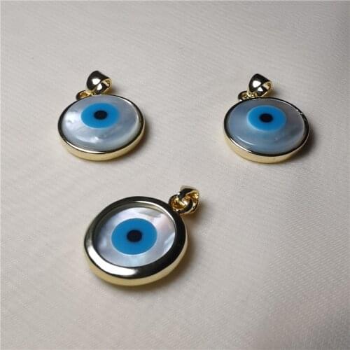 1Pc 14mm Evil Eyes Round Gold Plated Shell Beads Pendant For DIY Making Necklace Earrings Bracelets Jewelry Accessories Findings