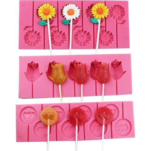 1pc round heart rose flower Silicone lollipop molds candy chocolate moulds fondant sugarcraft baking cake decorating tools