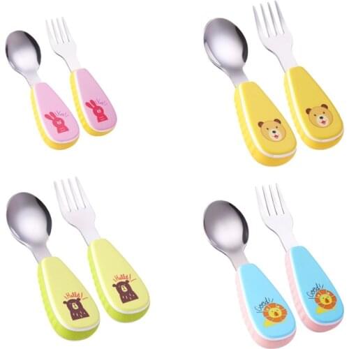2pcs / set Baby Table Feeding Sponge Lovely Print Cartoon Baby Kids Feeding Spoon + Fork tainless Steel Baby Spoon 2018