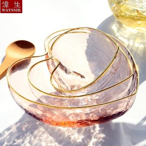 White And Pink Color Heart Shaped Crystal Glass Gold Rim Bowl Breakfast Fruit Oatmeal Salad Rice NoddleBowl Household Dinnerware