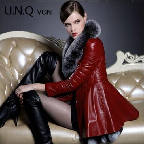 Free shipping Ladies winter warm long genuine leather down jacket,big fox collars slim down jacket genuine leather fur clothing