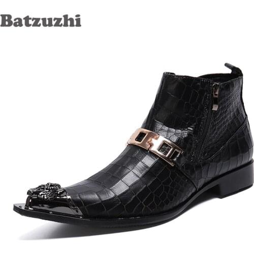 Batzuzhi Leather Ankle Boots Men Fashion Boots Men Pointed Iron Toe Black Business Leather Mens Footwear, Big Size EU38-EU46