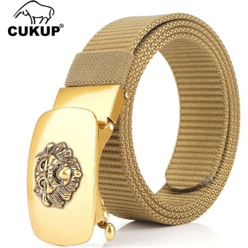 CUKUP New Arrival Unique Design Alloy Lion Head Buckle Metal Belts High Quality Nylon Canvas Belt for Men 3.5cm Width CBCK172