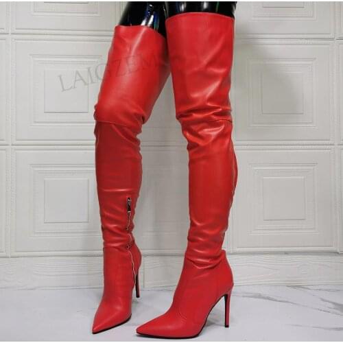 DOBANER Women Thigh High Boots Red Side Zip Heels Over Knee Faux Leather Shoes Woman Boots Prom Cosplay Plus Size 38 43 44 47