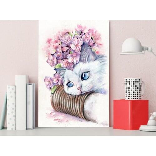 Home decor painting art oil painting modern flower plant and cat kid handmade coloring background wall decoration painting