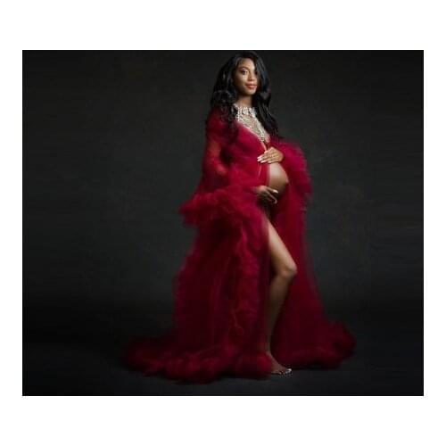 Elegant Red Tulle Maternity Dresses Long Sleeves Front Open Floor Length Ruffles Custom Made Fluffy Tulle Pregnancy Gown