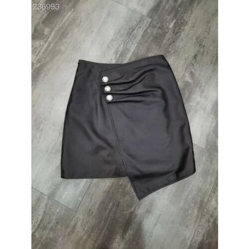 Fyion 2021 Autumn Winter New Fashion Girl Skirt Real Leather Women Asymmetrical Vintage Mini Black Skirts
