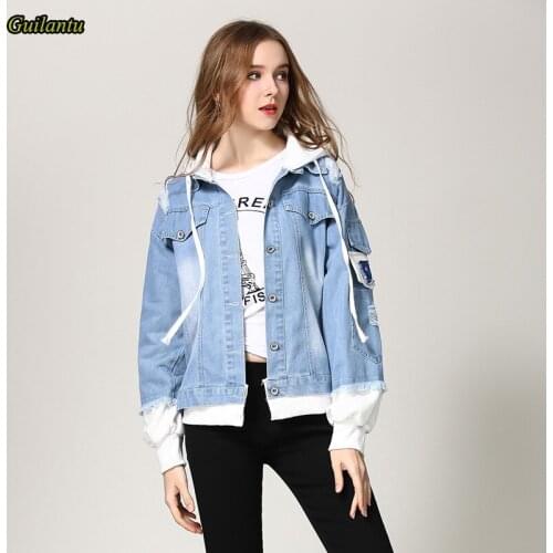 Guilantu 2021 Patchwork Vintage Denim Jacket Korean Women Clothing Spring Hooded Loose Plus Size Jeans Coat Female Outerwear