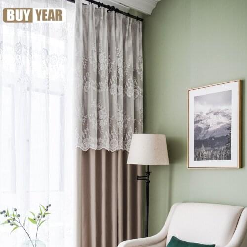 Custom Light Luxury Light Coffee Simulation Silk Curtains Lace Jacquard High-end Blackout Curtains for Living Room and Bedroom