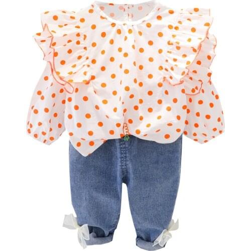 2021 Kids Baby Girl Clothes Set Cute Dots Long Sleeve Top + Jeans Trousers Outfit Suit Spring Autumn Children Clothing 1-4 Years