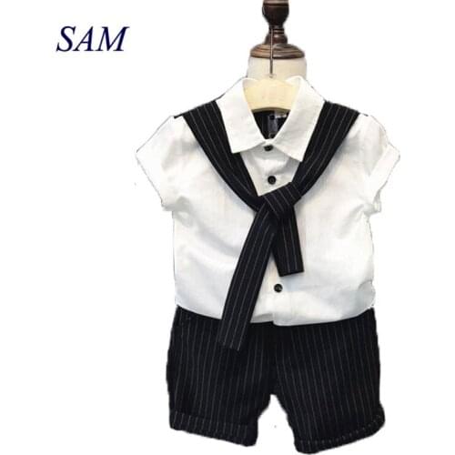 Baby Boys Fashion Gentleman Clothing Sets Childrens Summer Tie Color Short Sleeve Top+Striped Shorts 2 pcs Suit Kids Clothes