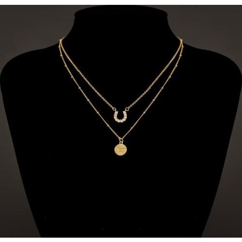 Jaeeyin 2021 Trendy Multi-Layer Choker Necklace U Horseshoe Shape Pendant Rhinestone Glass Paved Clavicle Chain Gift For Women