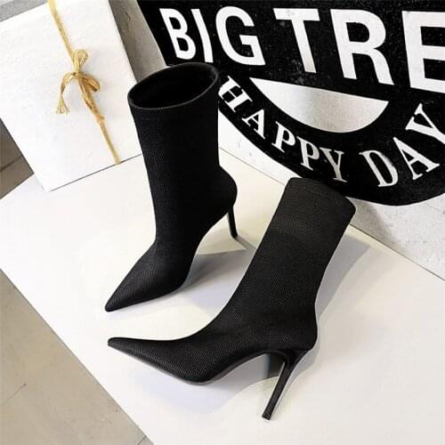 Autumn Womens Sexy Nightclub Stiletto Boots Knitting Stretch Boots High Heels Ladies Fashion All-Match Shoes Short Ankle Boots