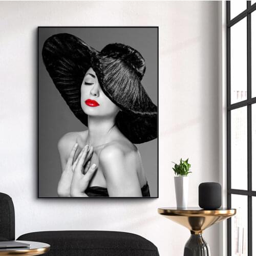 Sexy Red Lips Print Poster Lady with Black Hat Ink Canvas Painting Modern Wall Art Prints Decoration Picture for Room Decor