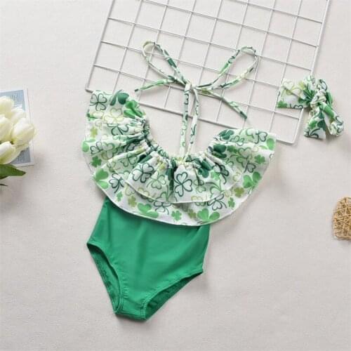 Hot Summer Girls Swimwear Leaves Printed Pattern Clothes Short Sleeve Round Collar Off Shoulder Beachwear Children Swimsuit