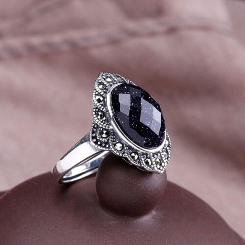 Luxury Female Blue Sand Oval Ring Classic Real 100% 925 Sterling Silver Wedding Rings For Women Vintage Open Engagement Ring