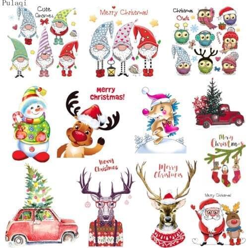 Pulaqi Christmas Patches Thermal Iron On Patches Santa Claus Stripes Transfer Fusible Clothing Stickers On Clothes Applique DIY