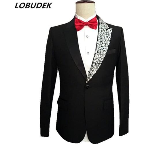 Star Singer Stage Outfit Mens Suit Blazers Black Crystal Spring Autumn Wedding Prom Nightclub Host Performance Costume