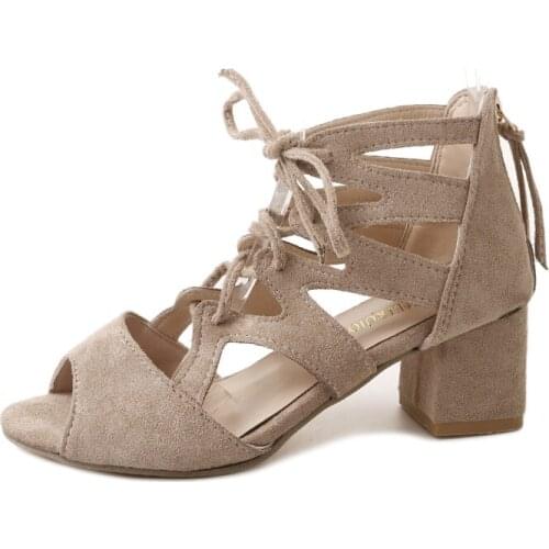 Shebuyer Women Sandals Gladiator Suede Leather Trip around with High Heels Summer Fashion Shoes Woman Square heel Pulse Size 42