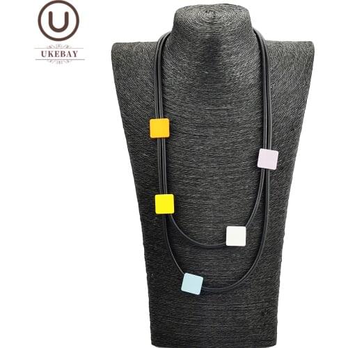 UKEBAY Multicolor Square Wood Choker Necklace Women Rubber Jewelry Short Sweater Chains Black Necklaces Clothes Accessories Gift