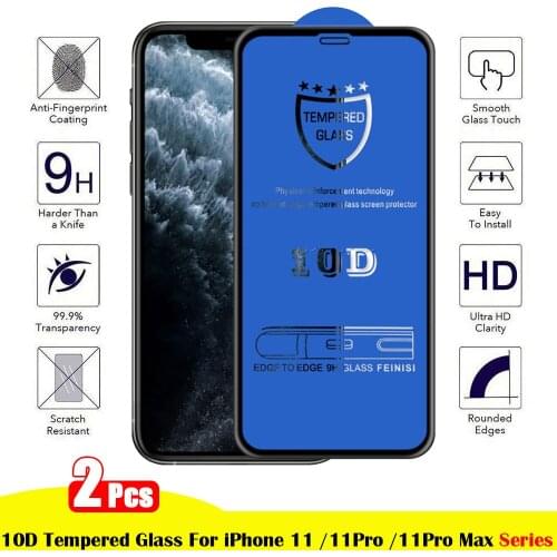 2Pcs/pack Full Cover Protective Tempered Glass For iPhone 11 Pro Max Screen Protector 10D Explosion-Proof Cold carved Glass Film