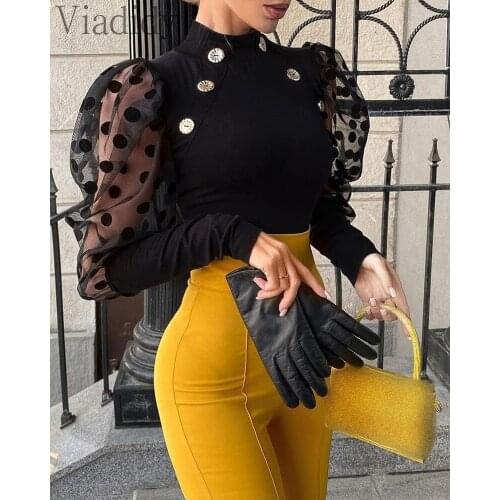 Women Dot Mesh Puff Sleeve Button Design Blouse