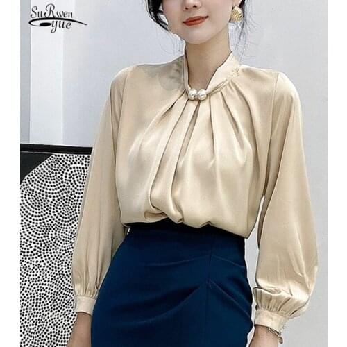 2021 Office Lady Fashion Autumn White Shirts Women Silk Blouses Long Sleeve Loose Shirt Satin Elegant Stand Collar Blouse 16881