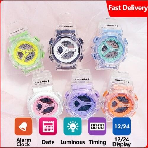 Women Digital Watch Electronic Wristwatch Outdoor Sports Student Clock Waterproof Square Time Transparent Pink Blue Green