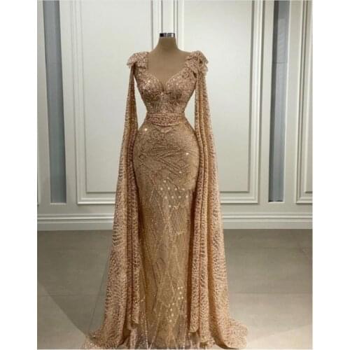 Long Cape Sleeve Evening Gowns 2021 Elegant Mermaid Square Neck Celebrity Dresses For Party Arabic Moroccan вечернее платье