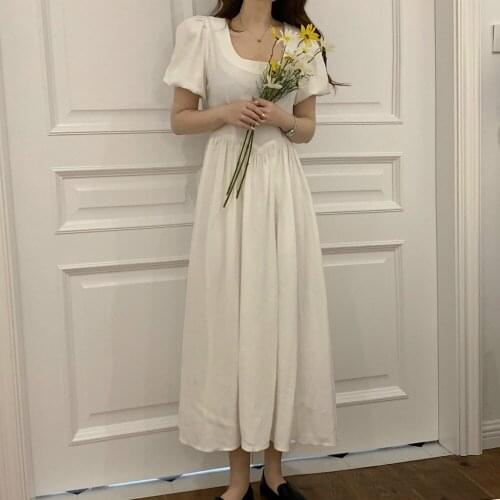Women Summer 2020 Vintage Square Collar Long Dress High Waist Puff Sleeve White Midi Sundress Irregular Waistline