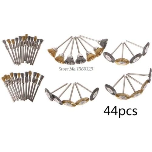 44 Pieces Mini Wire Brush Wheel Cup Brass Steel Wire Brush Set 1/8inch (3mm) Shank For Power Dremel Rotary Tools Polishing Tools