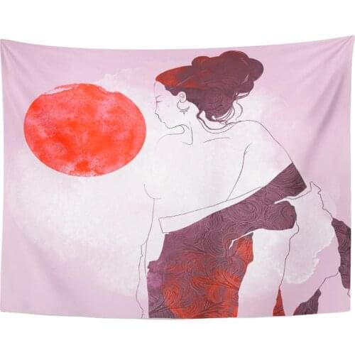 Abstract Young Geisha Takes Off Her Digital Drawing and Watercolor Aquarelle Asia Tapestry Home Decor Wall Hanging