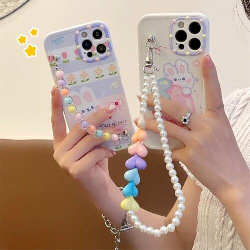 Cute Cartoon Rabbit Strawberry Pearl Bracelet Phone Case For iPhone 12 mini 11 Pro Max SE 2020 X XR XS Max 7 8 Plus Soft Cover