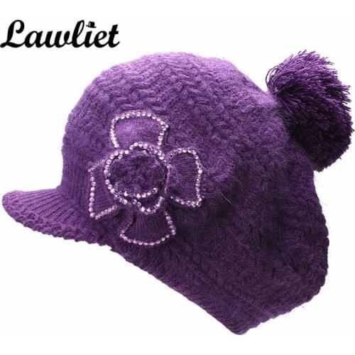 Lawliet Elegant Women Winter Cap Female Beret Hats Pom Pom Artist Wool Dome Bare Visor Cap Girls Gorras Hats