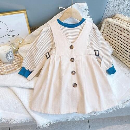 Toddler Girls Clothing Sets Spring Autumn Casual Long Sleeve Striped T-shirt+Sleeveless Strap Dress Two Piece Kids Sets 2-7Yrs