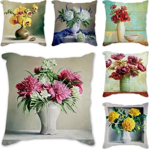 Colorful Flowers Pattern Square Cushions Cover Retro orchid vase Pillow Case Polyester Cotton Throw Pillows Home Decor Pillows