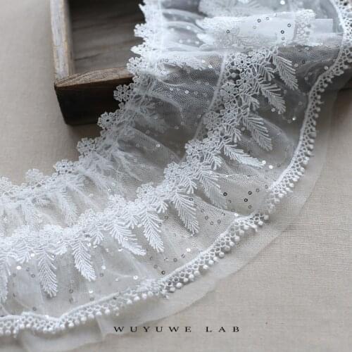 1M White Embroidered Sequin Mesh Pleated Lace Trim Fabric For Bridal Dress Guipure DIY Sewing Accessories Encajes Dentelle 11cm