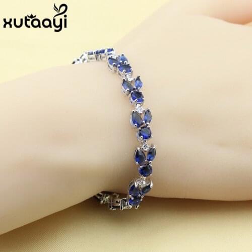 Fashion Silver Hidden-Safety-Clasp Chain-Link Bracelet For Women ,Superb Blue Zircon Fashion Wedding Jewelry