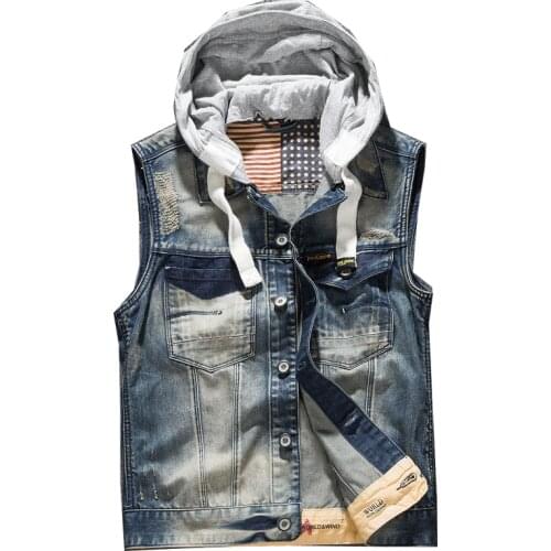 Men' Hooded Denim Vest Male Plus Size Casual Jeans Vest 2018 New High Quality Retro Sleeveless Denim Jacke
