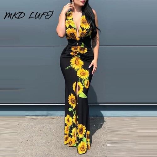 Sexy Plunge Sunflower Print Slit Maxi Dress Women Sleeveless Slim Waist Bodycon Long Dress