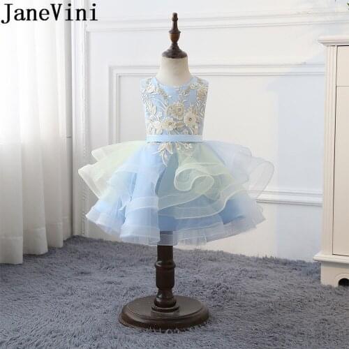 JaneVini Blue Princess Flower Girl Dresses for Wedding Lace Appliques Ball Gown Short Beaded Little Girls Birthday Party Gowns
