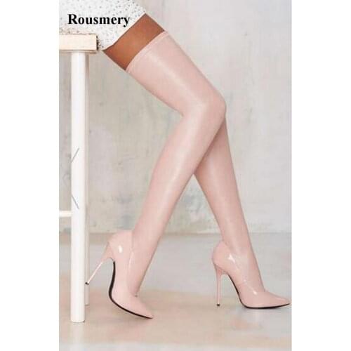 Women Black Pink Patent Leather Over Knee Bandage Stretch Long Boots Sexy Stiletto Heel Pointed Toe Thigh Long Boots Dress Shoes