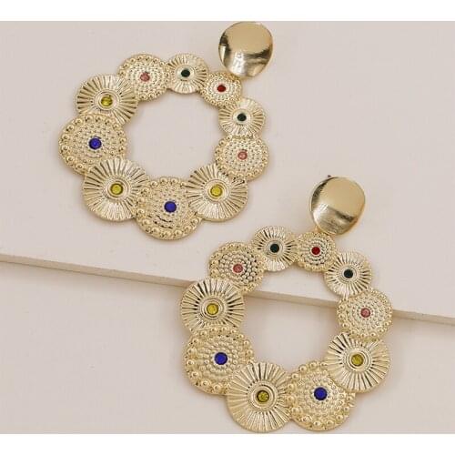 UJBOX Drop Dangle Earrings Women European American Popular Metal Texture Mosaic Colored Rhinestone Earrings Gift