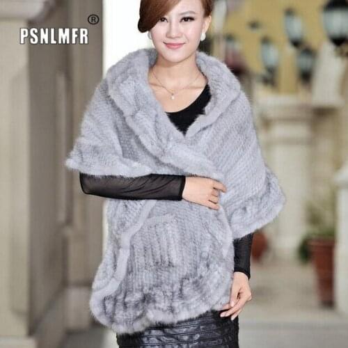 Womens winter real mink fur cape outerwear luxury knitted mink fur pashmina bride fur shawls women ladies party wrap