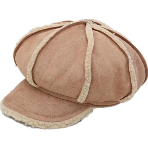 Womens hats fashionable newsboy cap hat ladies octagonal cap suede beret ladies winter hat with visor warm faux fur hat M107