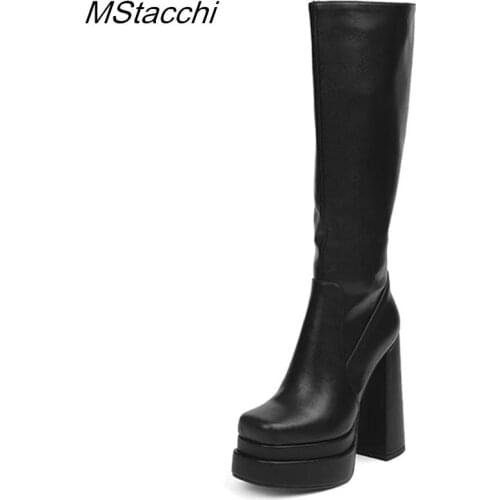 Black Long Boots Women Platform Shoes Genuine Leather Womens High Boots Square Toe High Heels Demonia Boots Designer Shoes 2021