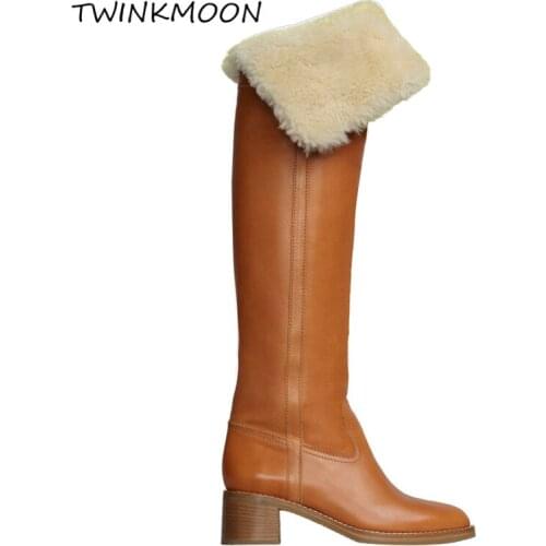 Fur Womens Winter High Boots Plush Inside Over The Knee Boots High Heels Thigh High Boots Black Brown botas mujer invierno 2020