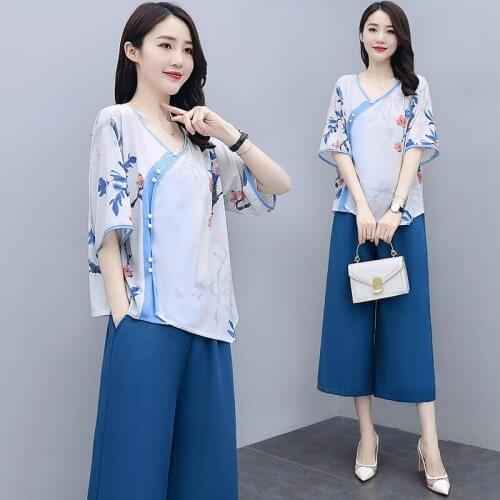 Chinese Style Womens Clothing Set Retro V-neck Floral Blouse 2PCS Vintage Half Sleeve Summer Chinese Traditional Clothes