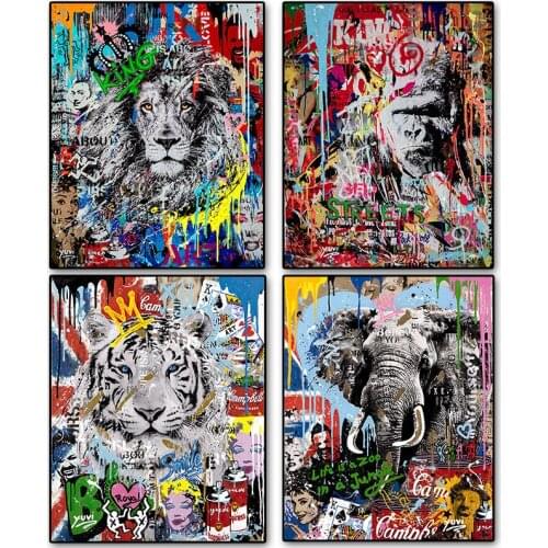 Abstract Graffiti Animals Canvas Painting Pop Street Art Tiger Lions Wall Art Cuadros Poster Printing for Living Room Wall Decor
